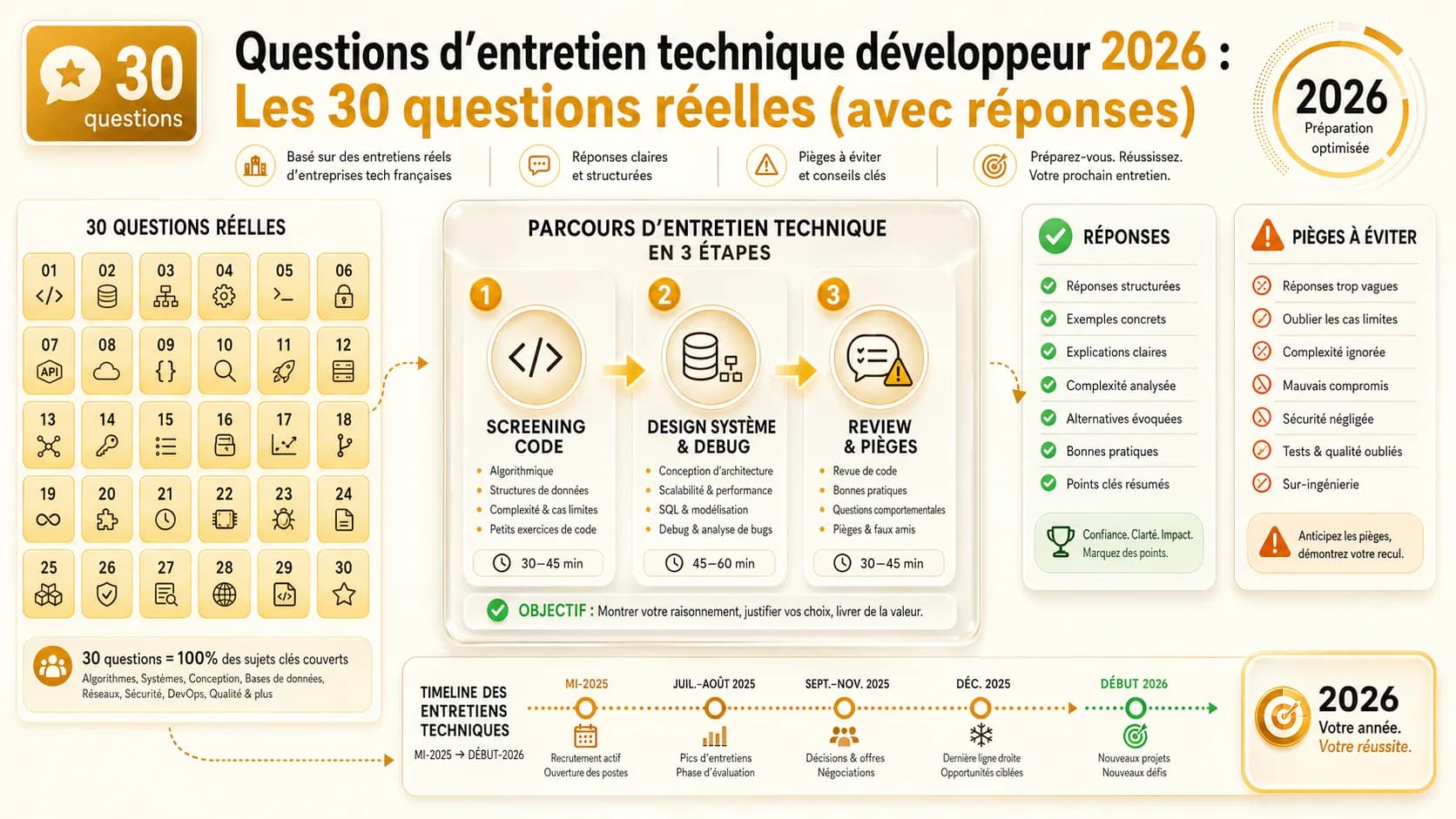 Image de couverture de l'article: Questions d'entretien technique développeur 2026 : Les 30 questions réelles (avec réponses)
