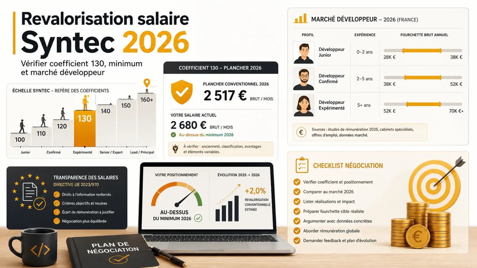 Image de couverture de l'article: Revalorisation salaire Syntec 2026 : vérifier coefficient 130, minimum et marché développeur