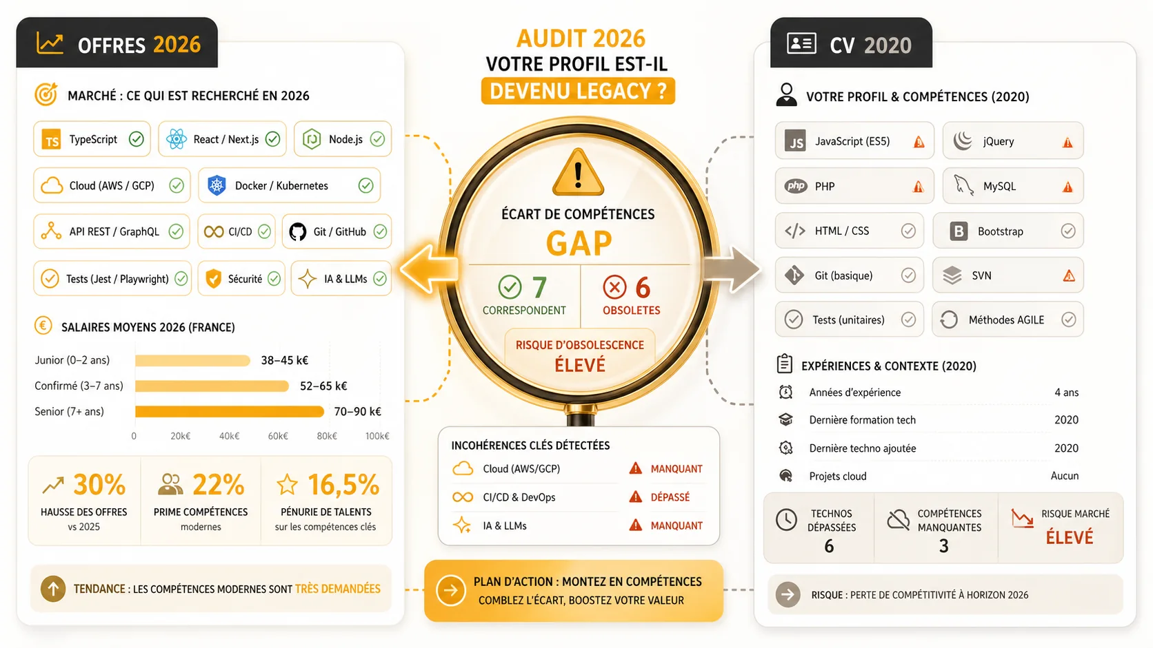 Capture d'écran d'une annonce d'emploi typique de 2026 à côté d'un CV datant de 2020, avec des incohérences mises en évidence