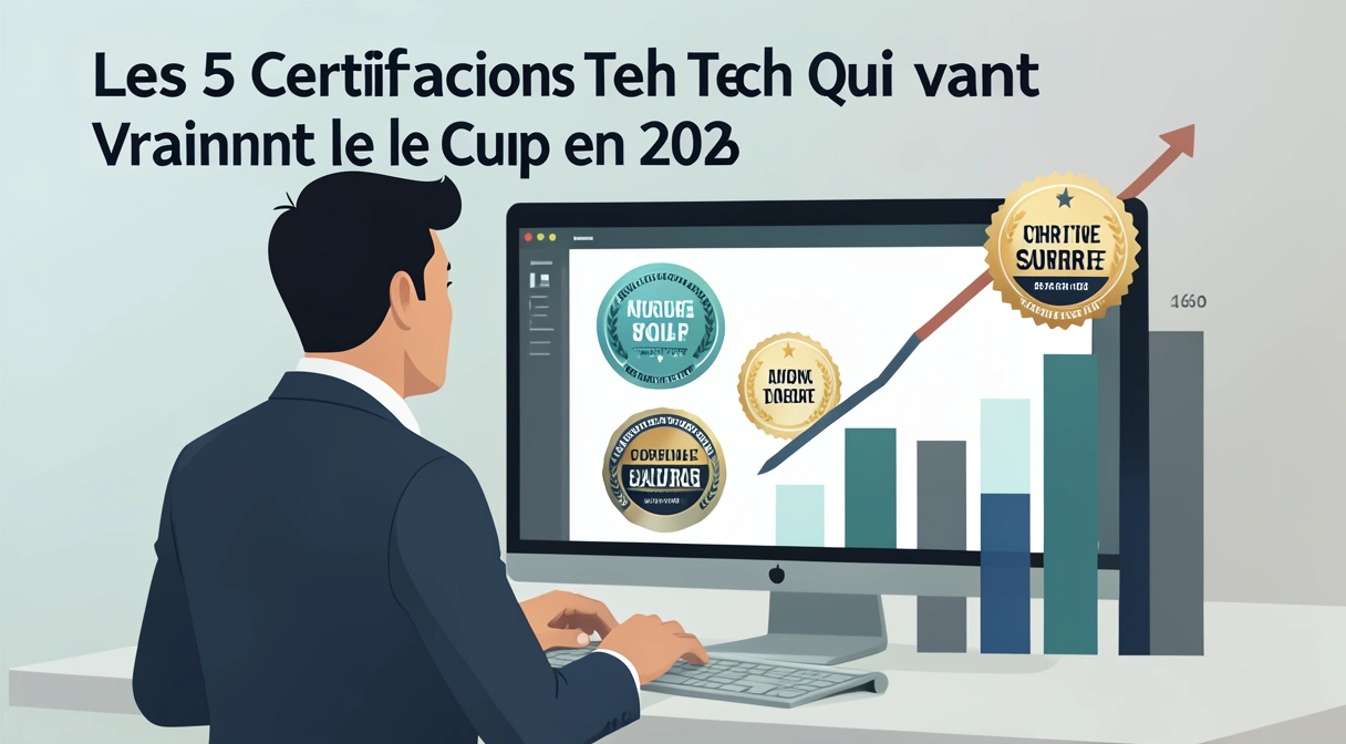 Illustration d'un développeur examinant des badges de certifications tech sur un écran, avec des graphiques de salaire en arrière-plan