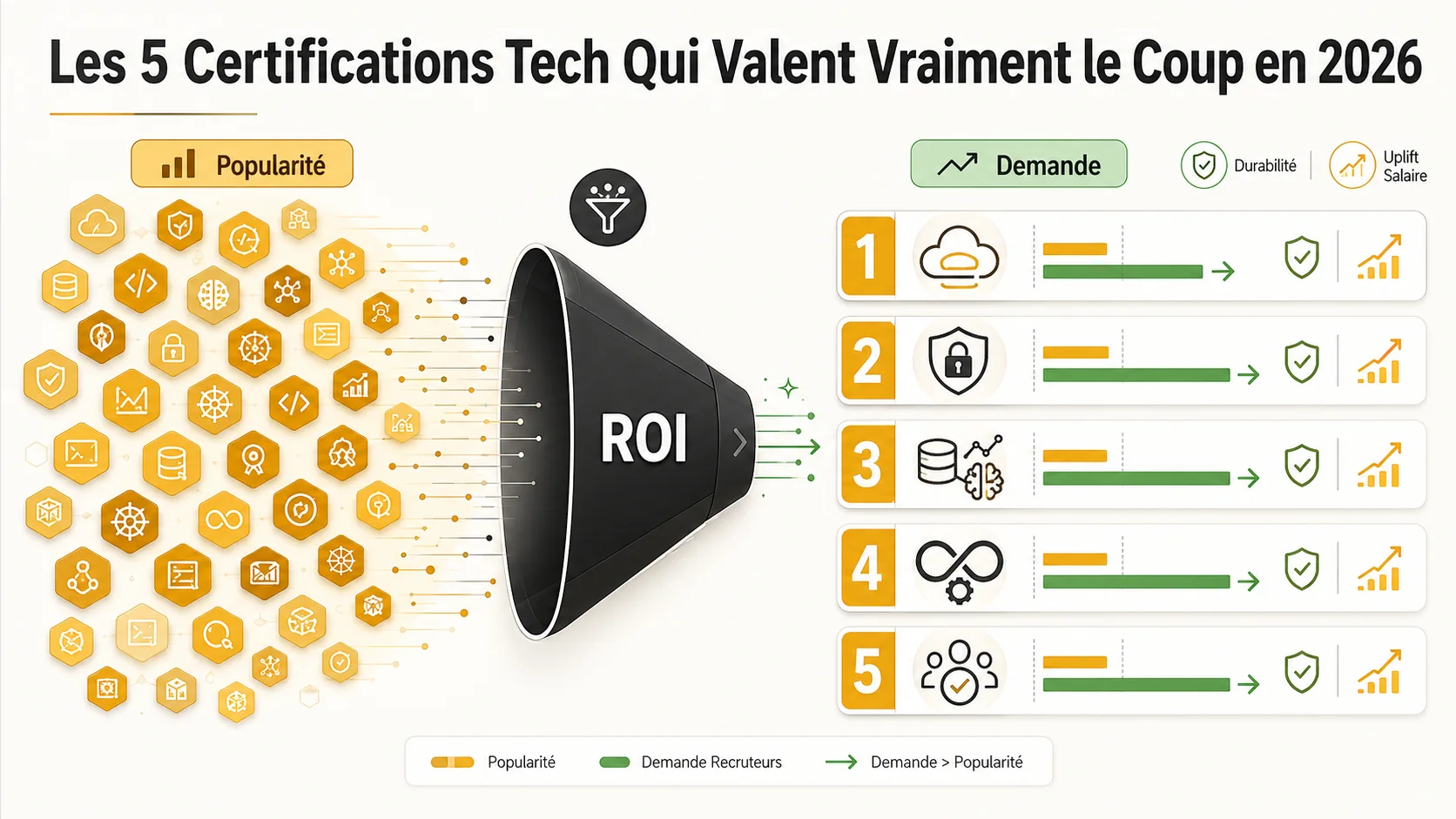 Graphique montrant l'écart entre les certifications populaires et les compétences recherchées, basé sur des données OPIIEC