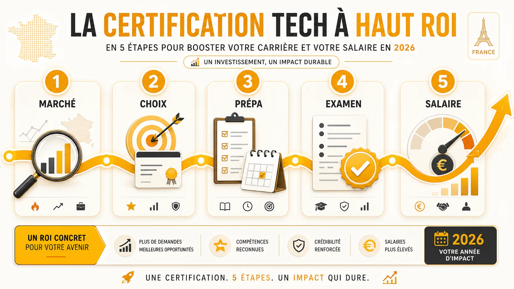 Infographie en 5 étapes : Analyse marché -> Choix stratégique -> Préparation -> Examen -> Négociation