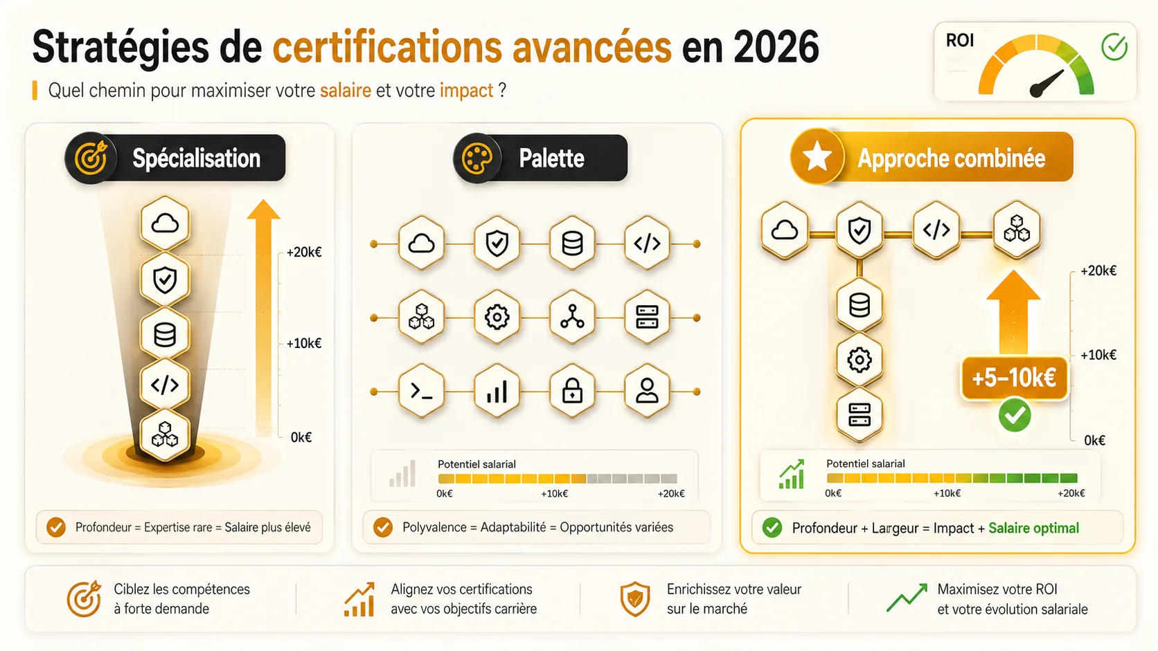 Tableau comparatif de stratégies de certification : Spécialisation vs Palette vs Combinaison
