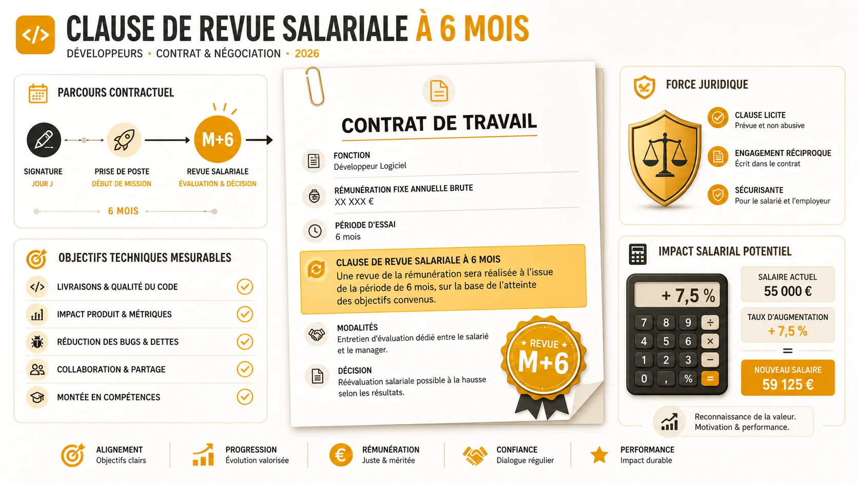 Capture d'écran d'un contrat de travail avec une clause de revue salariale surlignée en jaune, à côté d'un stylo et d'une calculatrice.