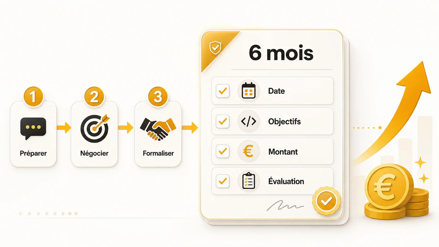Checklist de négociation avec cases à cocher : date précise, objectifs techniques, montant minimum, procédure d'évaluation.