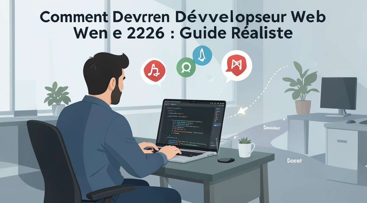 Illustration conceptuelle d'une personne en reconversion vers le développement web, avec un ordinateur portable affichant du code, des icônes de compétences tech flottant autour et un chemin menant à un poste de développeur