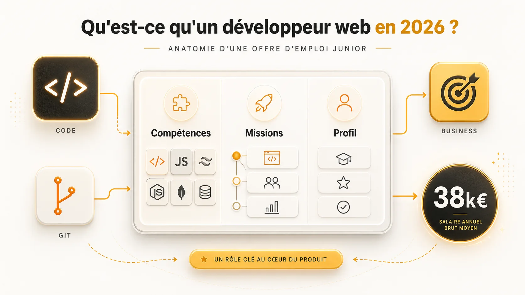 Capture d'écran d'une offre d'emploi type pour un développeur web junior sur LinkedIn, montrant les sections "Compétences", "Missions" et "Profil recherché"
