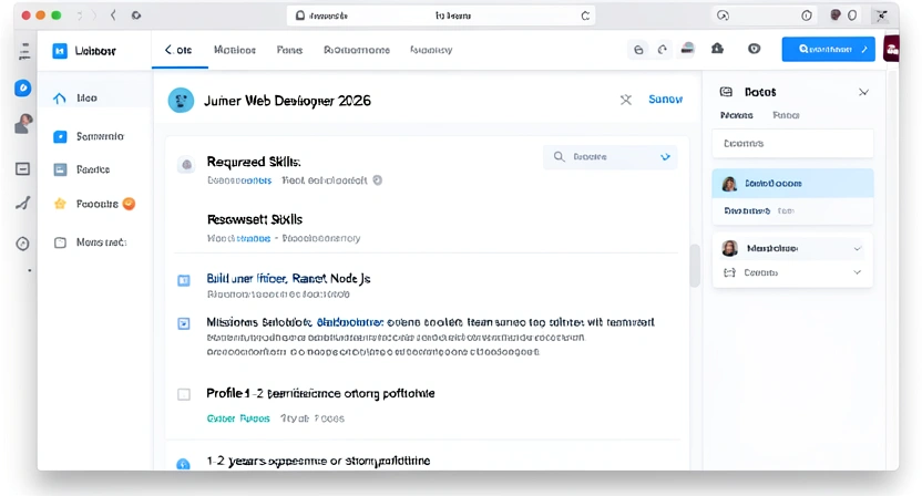 Capture d'écran d'une offre d'emploi type pour un développeur web junior sur LinkedIn, montrant les sections "Compétences", "Missions" et "Profil recherché"