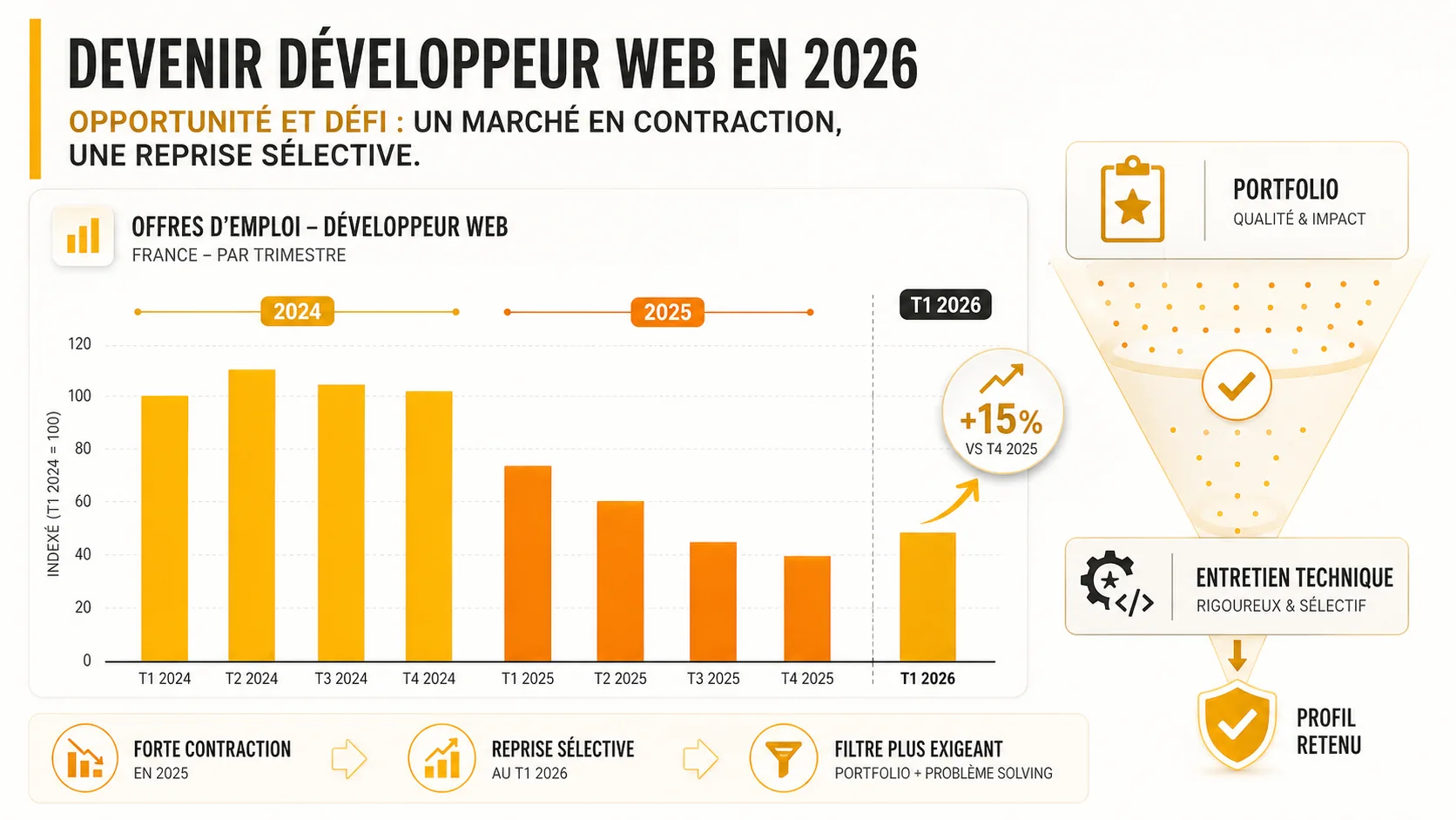 Graphique à barres montrant l'évolution trimestrielle des offres d'emploi "Développeur Web" en France de 2024 à T1 2026, avec une forte baisse en 2025 et une reprise début 2026