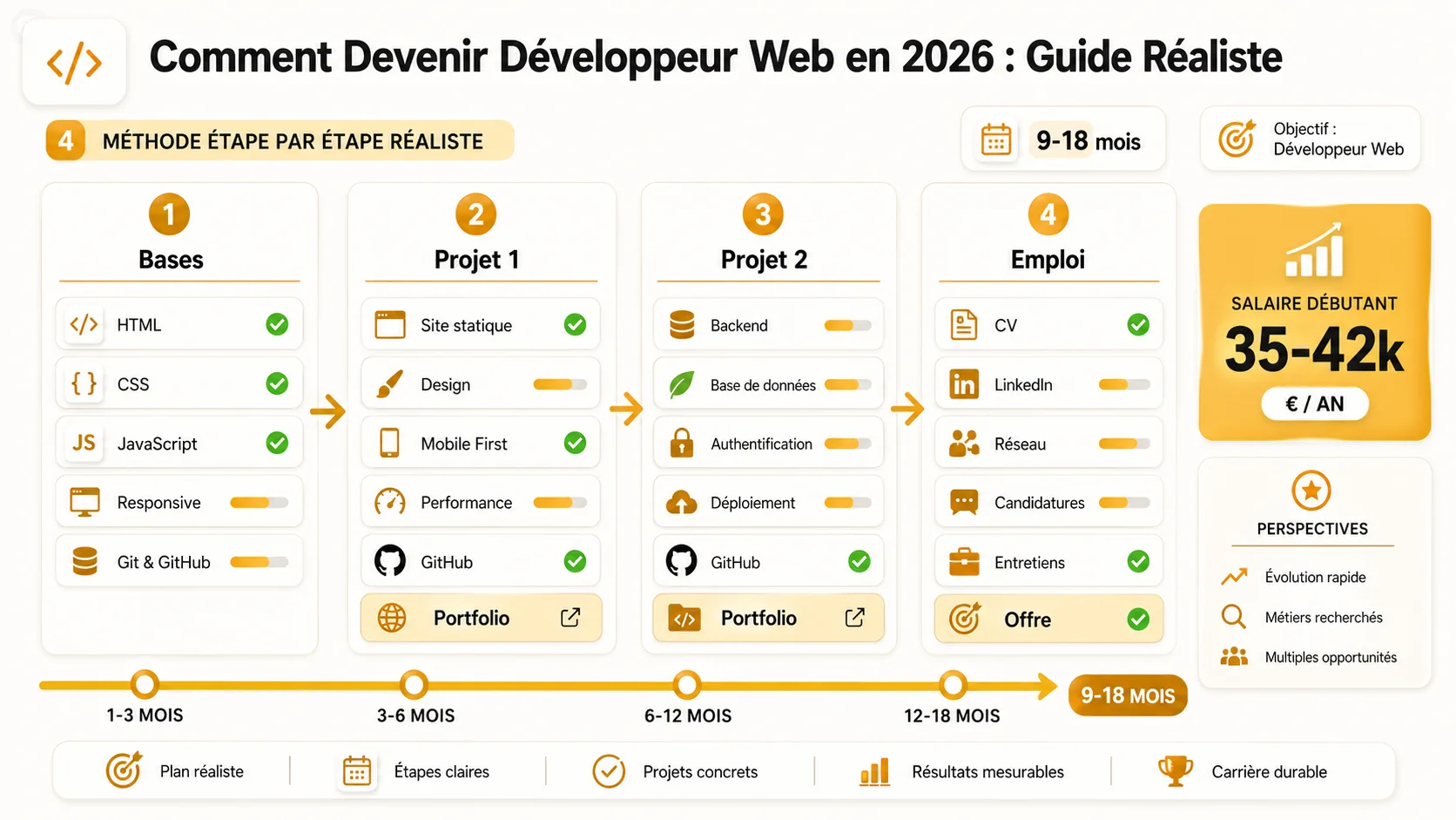 Capture d'écran d'un plan d'apprentissage structuré sur Notion ou Trello, avec des colonnes "Fondamentaux", "Projet 1", "Projet 2", "Recherche d'emploi" et des cartes de tâches