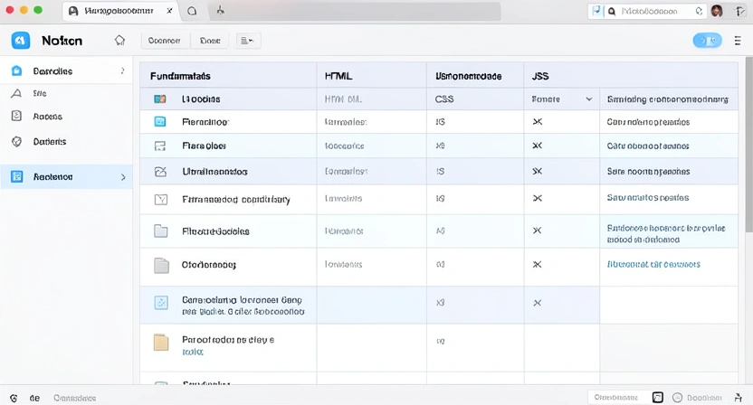 Capture d'écran d'un plan d'apprentissage structuré sur Notion ou Trello, avec des colonnes "Fondamentaux", "Projet 1", "Projet 2", "Recherche d'emploi" et des cartes de tâches
