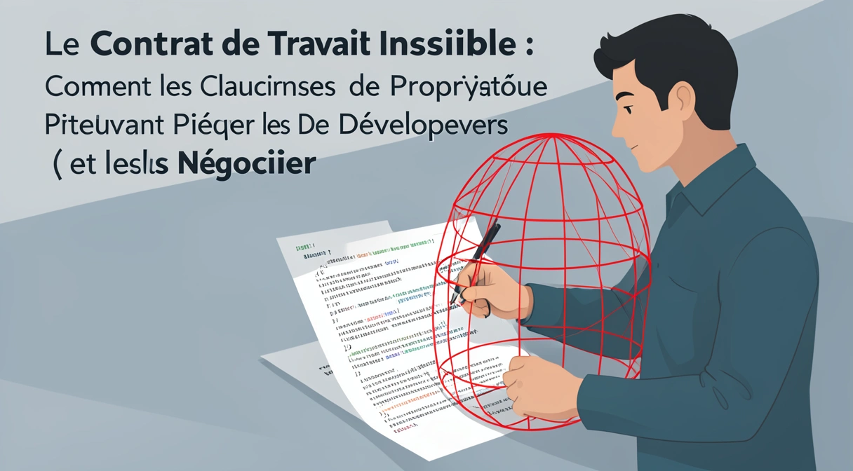 Illustration d'un développeur regardant un contrat de travail avec des lignes de code en surimpression, certaines lignes étant en rouge et formant une cage
