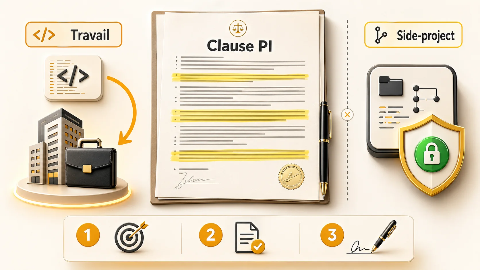 Capture d'écran réaliste d'une clause de contrat de travail, avec des paragraphes surlignés en jaune et des annotations explicatives