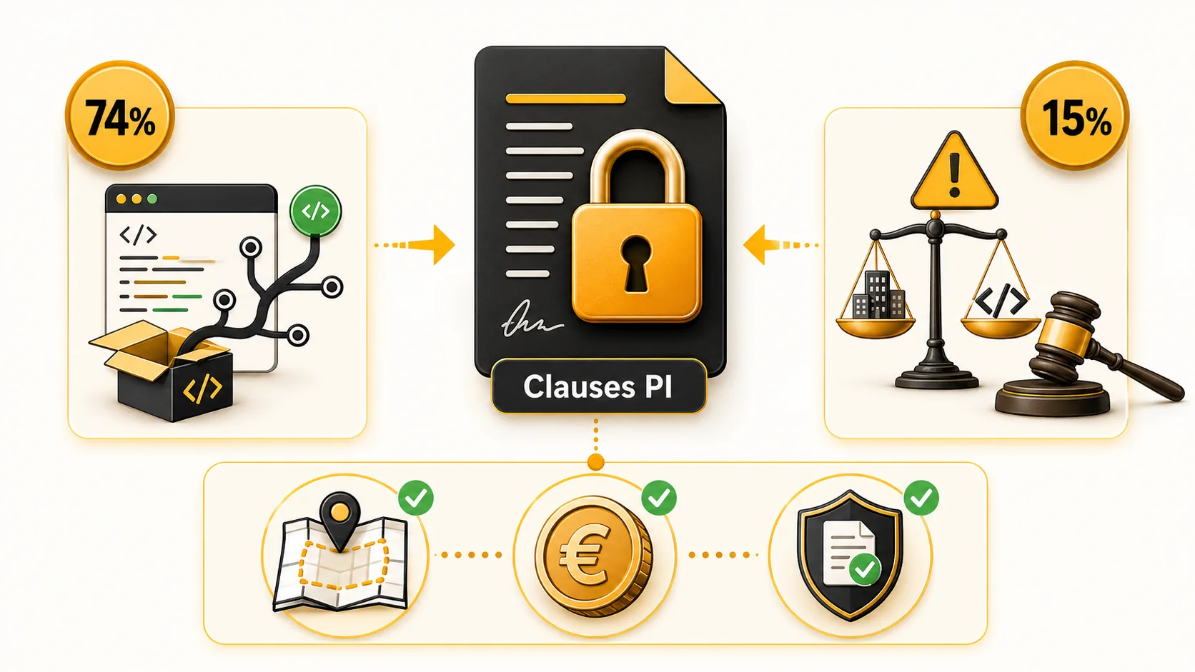 Infographie montrant des statistiques alarmantes : 68% des devs ont un side-project, 15% ont eu un conflit sur la PI, avec un pictogramme d'un procès