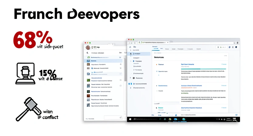 Infographie montrant des statistiques alarmantes : 68% des devs ont un side-project, 15% ont eu un conflit sur la PI, avec un pictogramme d'un procès