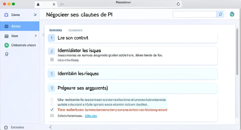 Organigramme ou checklist visuelle des étapes de négociation : 1. Lire son contrat, 2. Identifier les clauses à risque, 3. Préparer ses arguments, 4. Proposer un amendement écrit