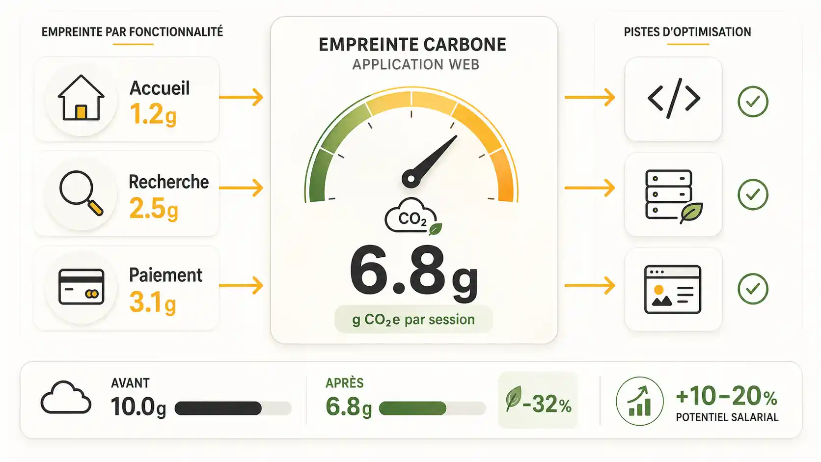Capture d'écran du tableau de bord de l'outil GreenFrame montrant l'analyse de l'empreinte carbone d'une application web, avec des métriques en grammes de CO2 par visite et par fonctionnalité.