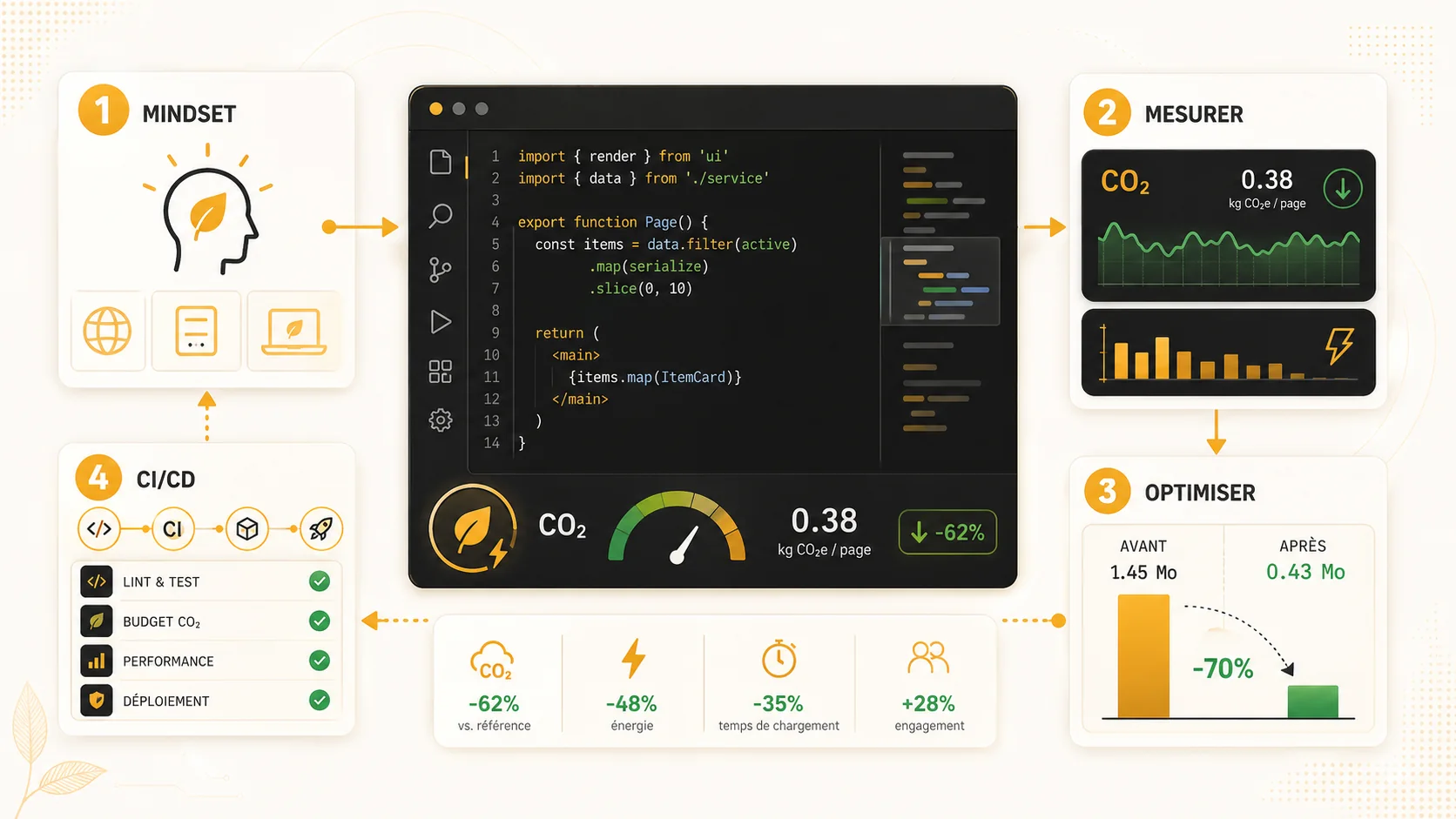 Capture d'écran de l'interface VS Code avec l'extension "CodeCarbon" activée, affichant une estimation de l'empreinte carbone de la session de codage en cours dans la barre d'état.