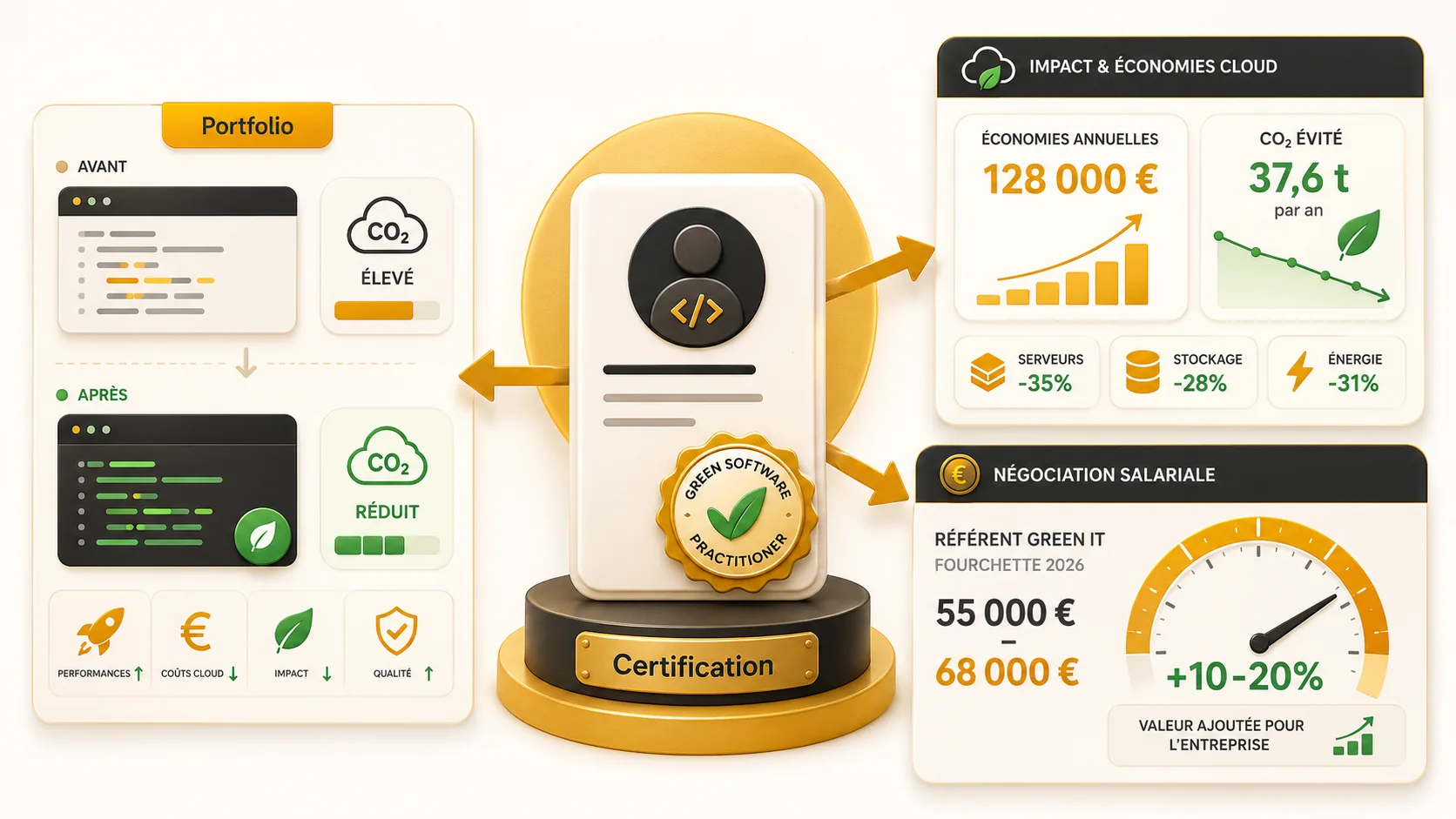 Capture d'écran d'un profil LinkedIn d'un Lead Developer, où la section "Licences & Certifications" met en avant une certification "Green Software Practitioner" de la Green Software Foundation.