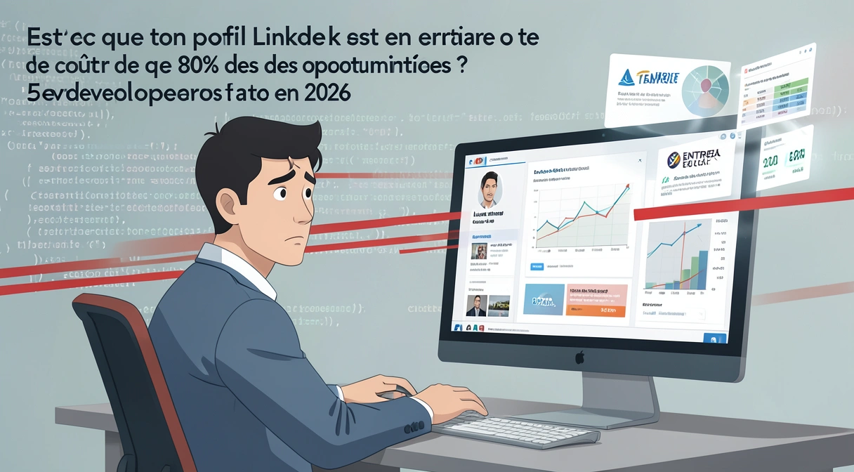 Illustration conceptuelle d'un développeur regardant son profil LinkedIn sur un écran, avec des icônes d'opportunités (offres d'emploi, salaires, entretiens) qui s'éloignent de lui comme des portes qui se ferment