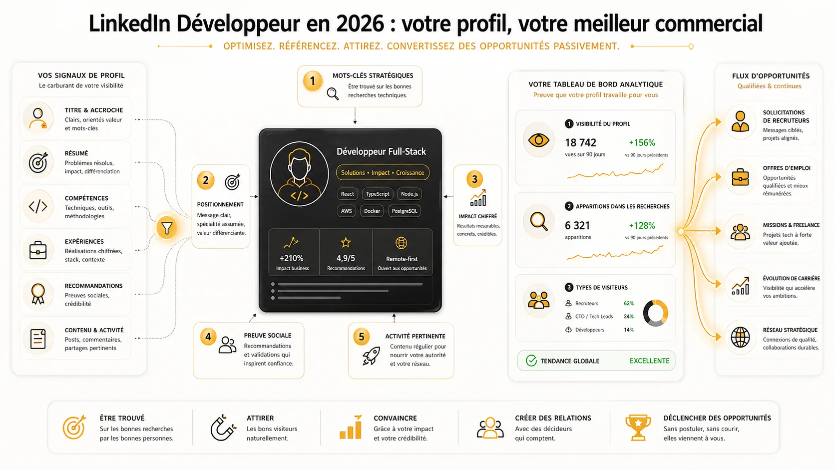 Capture d'écran d'un tableau de bord LinkedIn Analytics montrant les statistiques de visibilité d'un profil : vues du profil, recherches d'apparition et détail des visiteurs (recruteurs, CTO, lead dev)