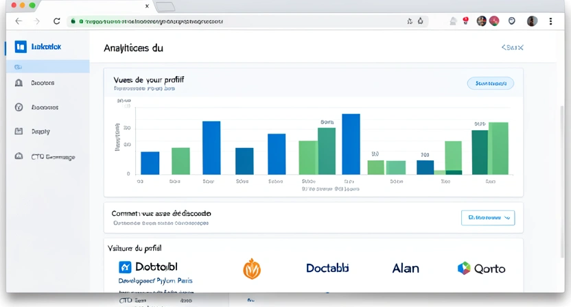 Capture d'écran d'un tableau de bord LinkedIn Analytics montrant les statistiques de visibilité d'un profil : vues du profil, recherches d'apparition et détail des visiteurs (recruteurs, CTO, lead dev)