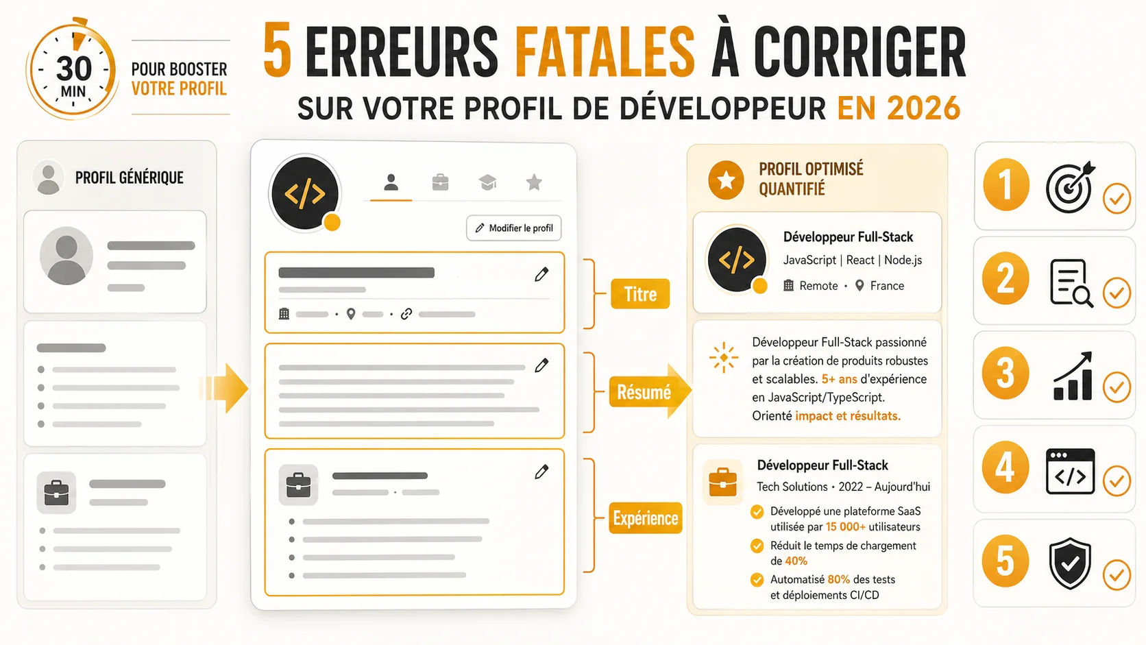 Capture d'écran de l'interface d'édition du profil LinkedIn, avec surbrillance sur les sections Titre, Résumé et Expérience, accompagnée de notes et de conseils d'optimisation