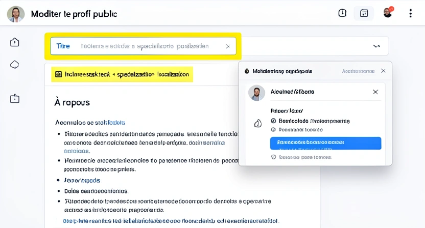 Capture d'écran de l'interface d'édition du profil LinkedIn, avec surbrillance sur les sections Titre, Résumé et Expérience, accompagnée de notes et de conseils d'optimisation