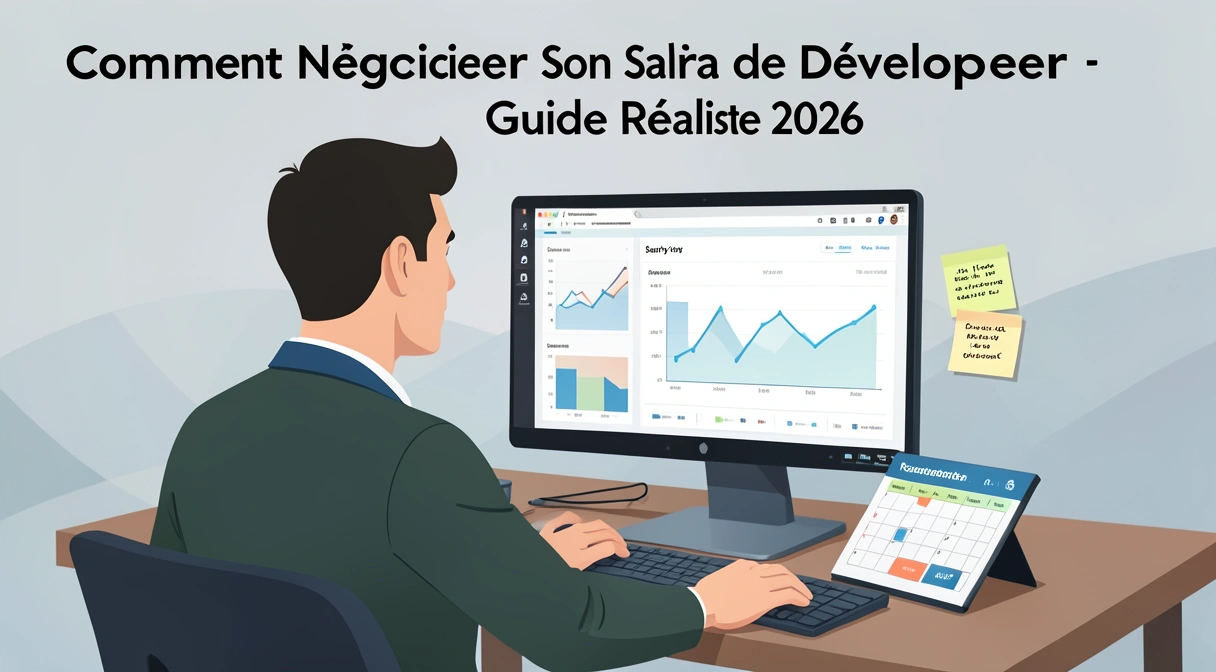 Un développeur analyse un tableau de données salariales sur son écran, entouré de notes et d'un calendrier de négociation