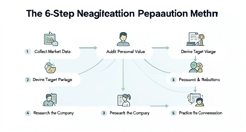 Organigramme détaillant les 6 étapes de préparation à une négociation salariale, de la collecte de données à la simulation