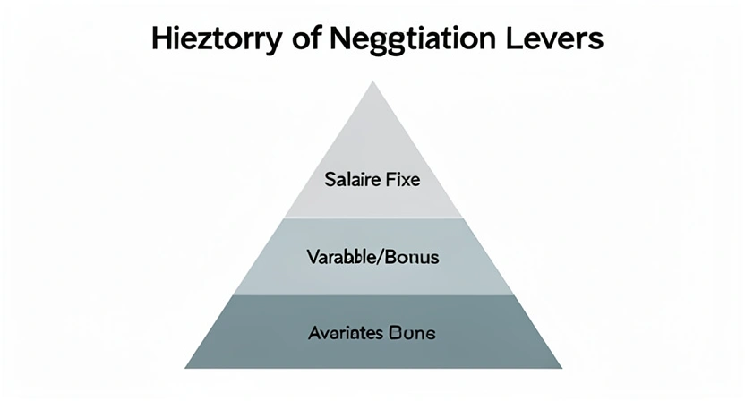 Pyramide montrant la hiérarchie des leviers de négociation, de la base salariale aux avantages stratégiques à long terme