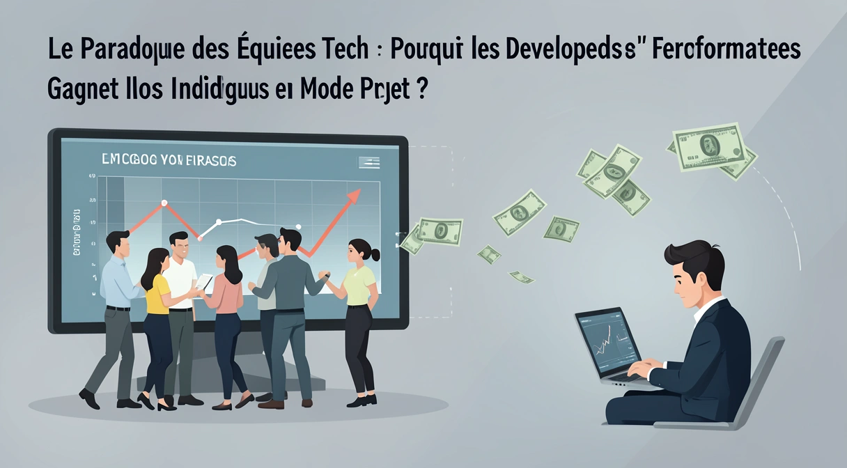 Illustration conceptuelle du paradoxe des salaires en équipe : un groupe de développeurs collaborant autour d'un écran affichant des graphiques de performance ascendante, tandis que des billets d'euro s'envolent vers un individu seul travaillant sur un ordinateur portable