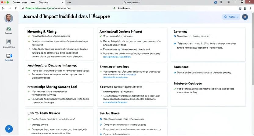 Capture d'écran d'un template Notion ou Confluence dédié au "Journal d'Impact Collectif", montrant des sections pour documenter les aides apportées, les décisions d'architecture, les formations données et les métriques d'équipe influencées