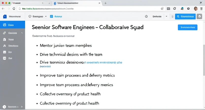 Capture d'écran d'une fiche de poste type sur Welcome to the Jungle ou LinkedIn pour un "Senior Software Engineer" mettant en avant les compétences de collaboration, mentoring et d'impact d'équipe dans les responsabilités et les critères d'évaluation