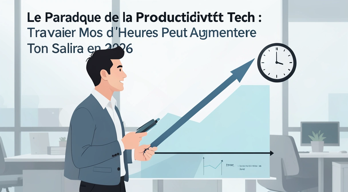 Illustration d'un développeur regardant un graphique de productivité qui monte tandis qu'une horloge se réduit