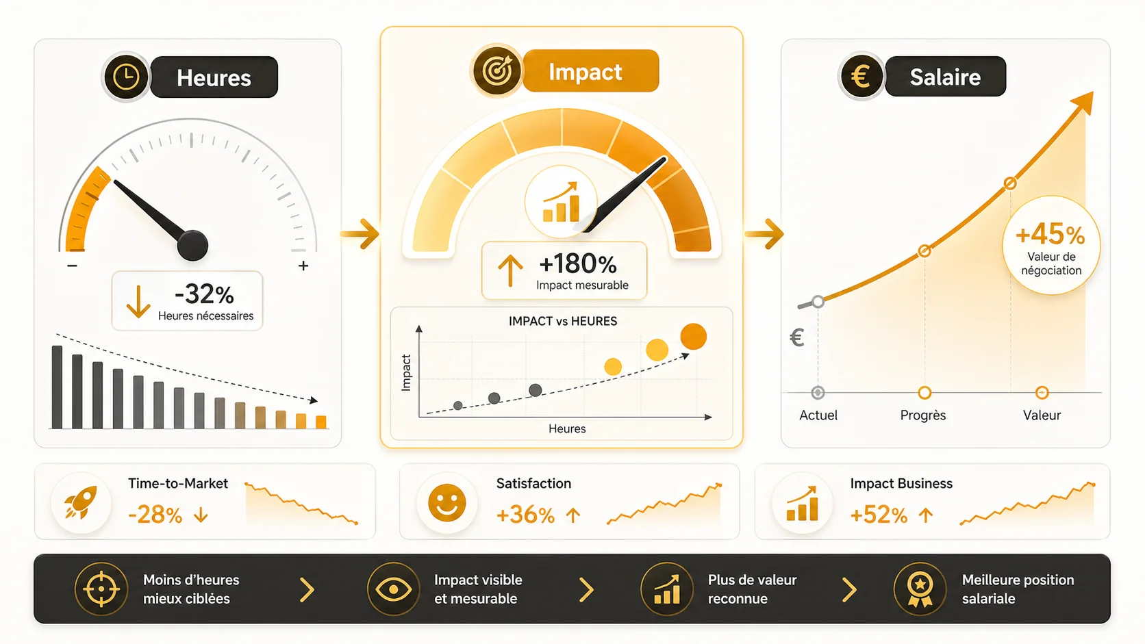 Capture d'écran d'un tableau de bord de productivité montrant des métriques d'impact vs. du temps passé