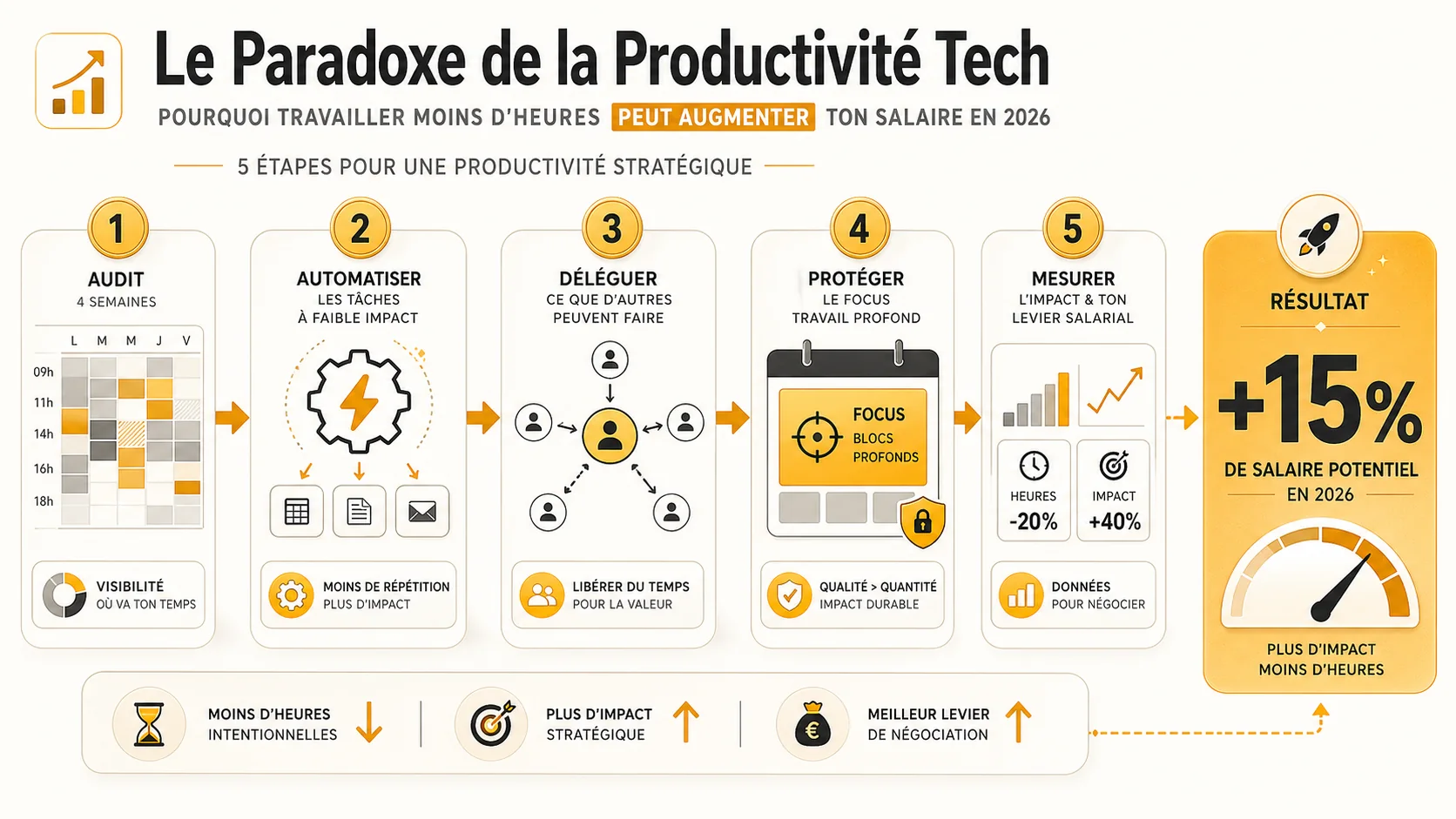 Diagramme de flux illustrant les 5 étapes : Auditer, Automatiser, Déléguer, Focus, Mesurer
