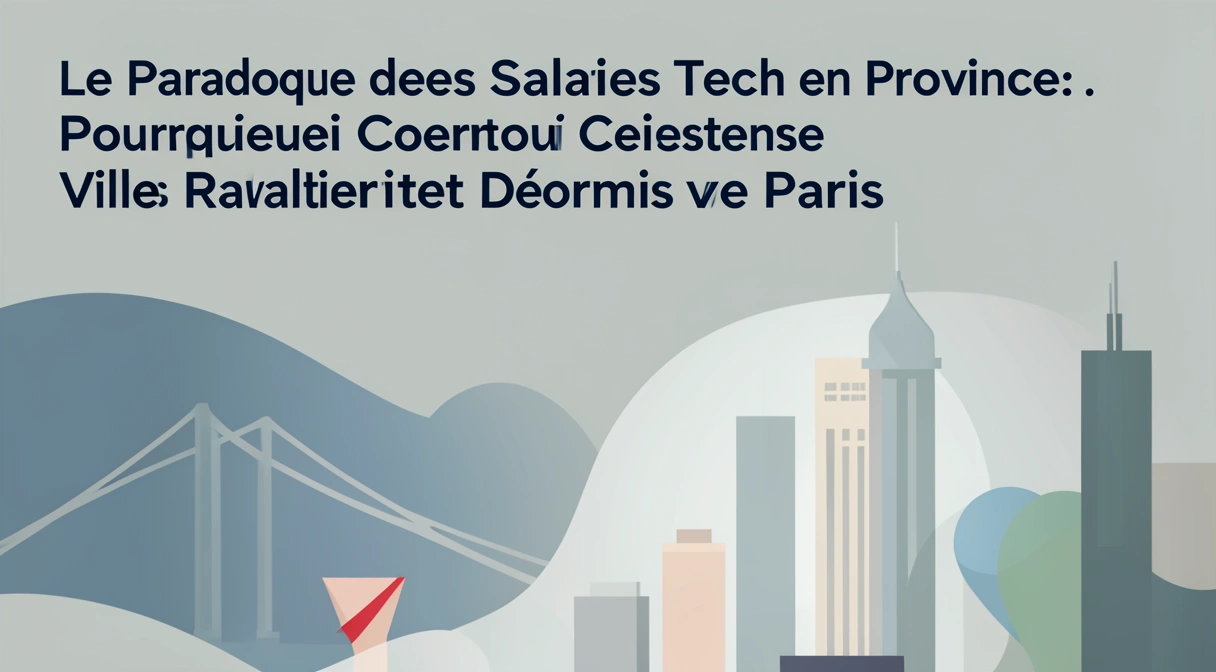 Illustration conceptuelle du paradoxe des salaires tech en province : une carte de France stylisée où des lignes de code et des graphiques de salaire relient Paris à des villes comme Lyon et Toulouse, avec des flèches d'équilibre entre les deux