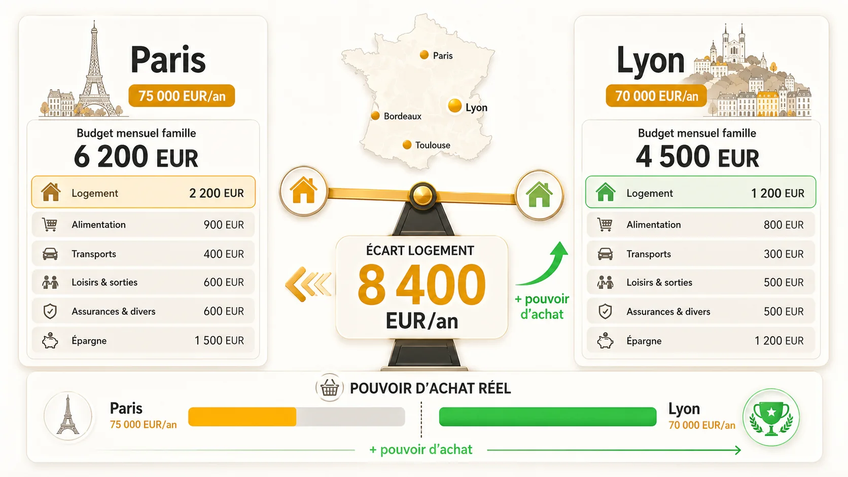 Screenshot d'un outil de simulation de coût de la vie comme Numbeo comparant le budget mensuel pour une famille de 4 personnes à Paris (6,200€) et à Lyon (4,500€), avec un focus sur le poste "Logement"