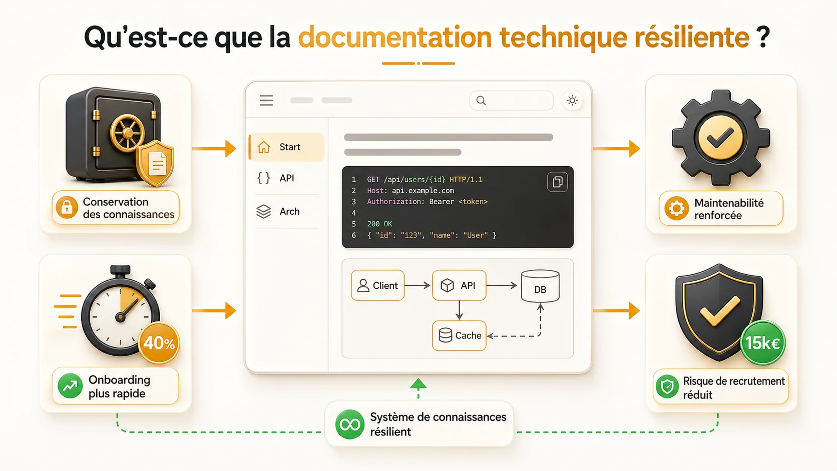 Capture d'écran d'une page de documentation générée avec Docusaurus, montrant un menu de navigation à gauche avec des sections comme "Getting Started", "API Reference", "Architecture", et un contenu central avec du code en surbrillance et des schémas Mermaid.