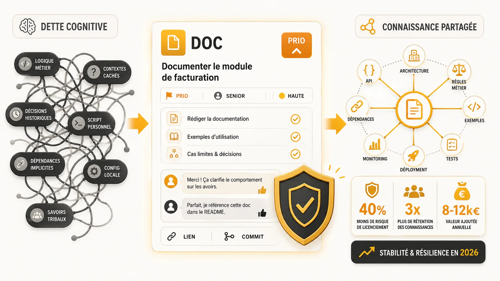 Capture d'écran d'un tableau de bord Jira ou Linear montrant un ticket "Documenter le service de paiement" avec une priorité élevée, assigné à un développeur senior. Les commentaires du ticket montrent des liens vers des commits et des demandes de clarification de l'équipe.