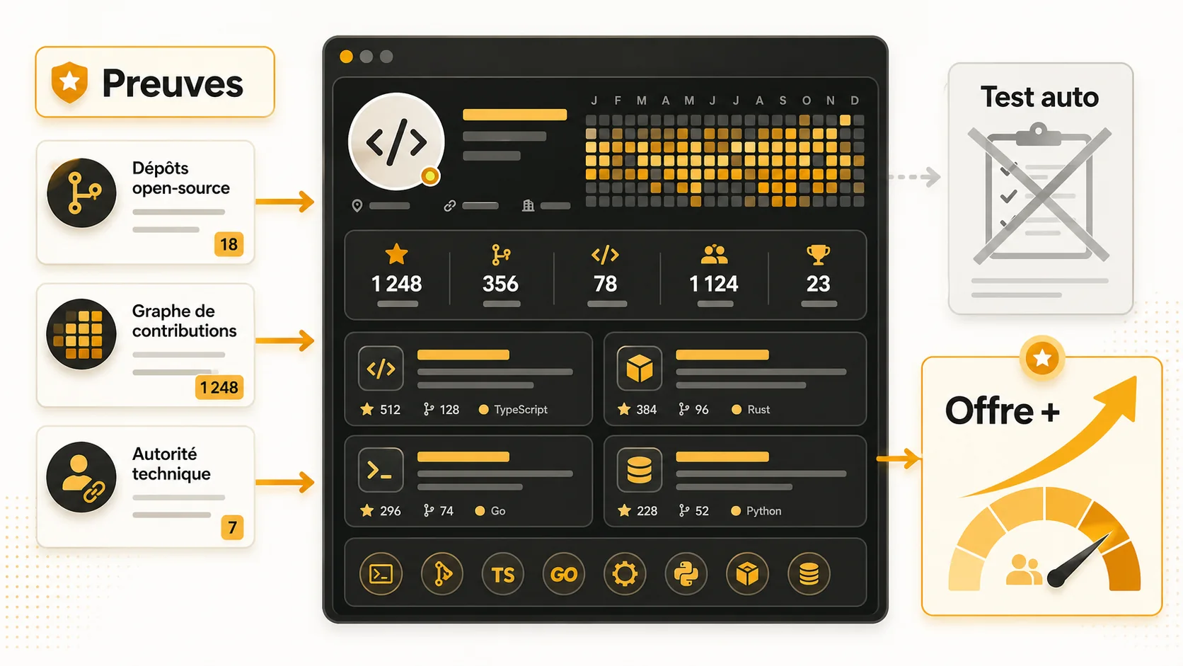 Capture d'écran d'un profil GitHub riche avec de nombreux repositories actifs, des contributions graphiques, et un README professionnel
