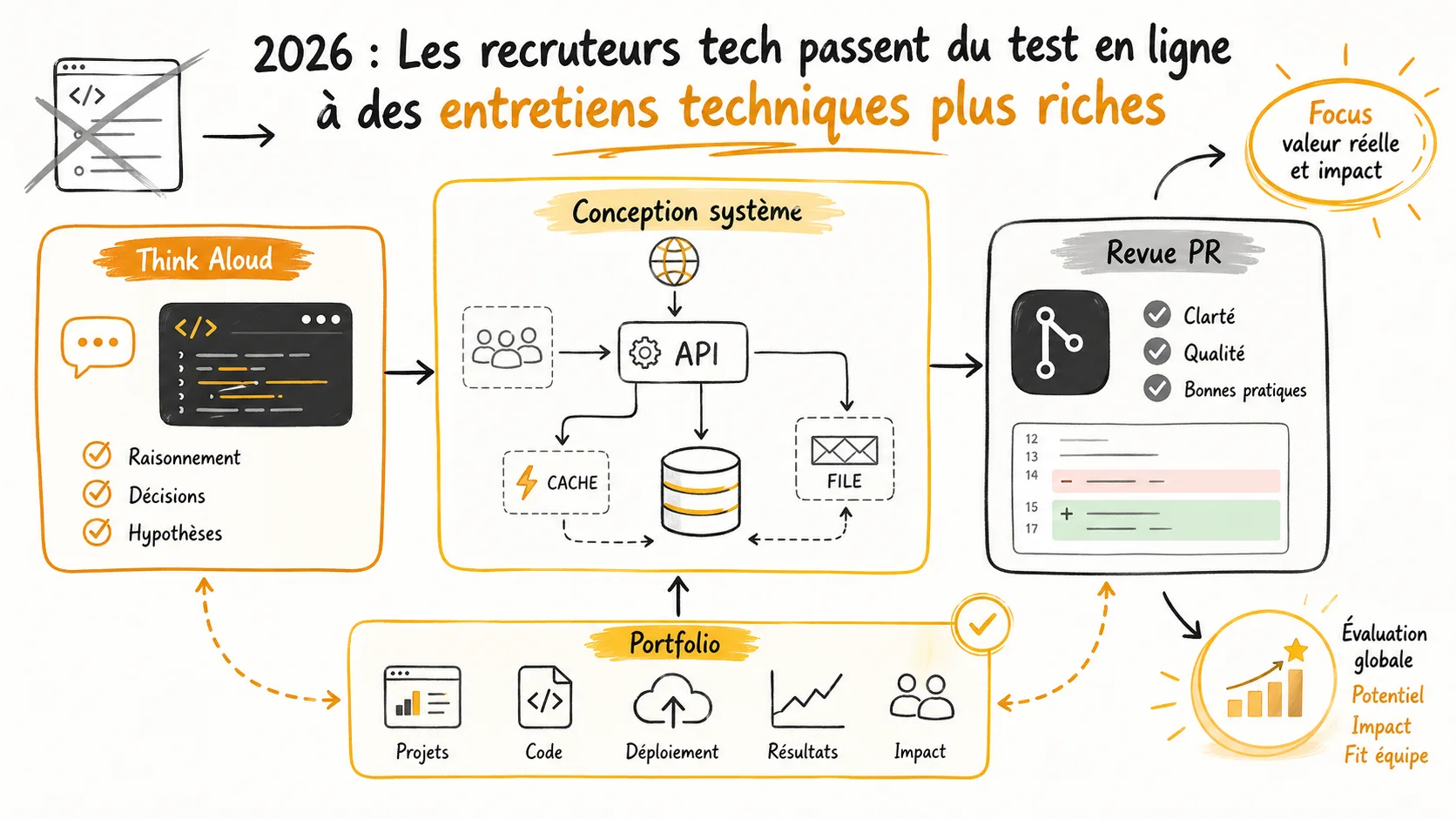 Capture d'écran d'un tableau blanc collaboratif Miro ou Excalidraw montrant un diagramme d'architecture système dessiné pendant un entretien, avec des composants, des flèches et des notes