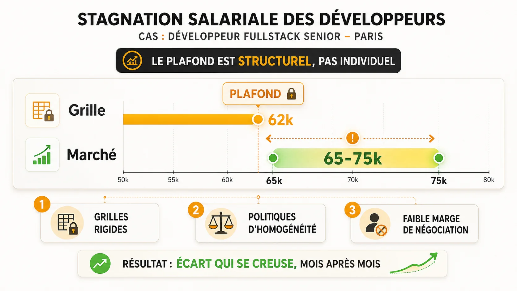Capture d'écran d'un tableau de bord de benchmark salarial interne d'une grande ESN montrant des fourchettes fixes par grade et technologie, avec des commentaires sur le "plafond de la grille"