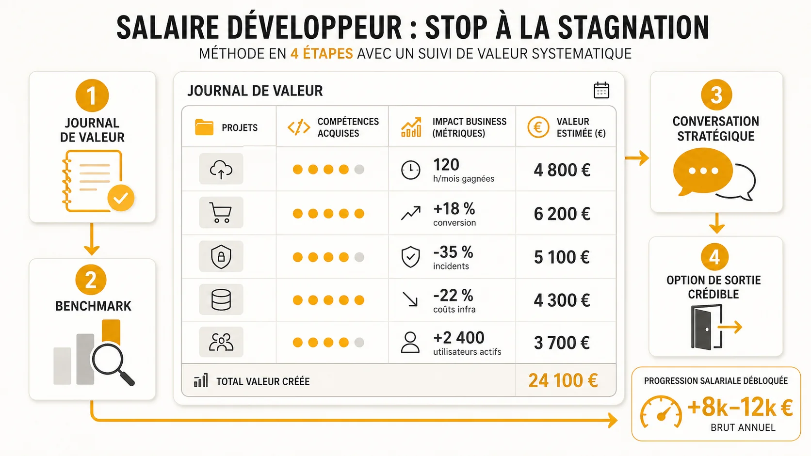 Capture d'écran d'un tableur personnalisé de suivi de valeur professionnelle, avec des colonnes pour les projets, les compétences acquises, les métriques business impactées et une estimation monétaire