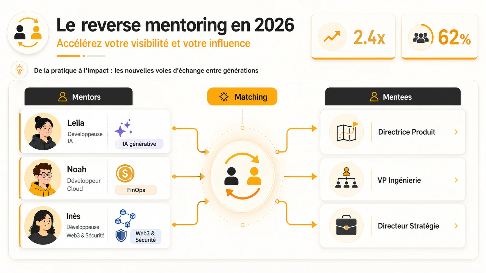Capture d'écran d'une page d'accueil d'une plateforme interne d'entreprise (type "Mentorly" ou "Together") montrant un tableau de bord de matching pour le reverse mentoring. On voit des profils de "mentors juniors" avec leurs compétences (IA Générative, FinOps, Web3) et des "mentees seniors" (Directeur Produit, VP Engineering).