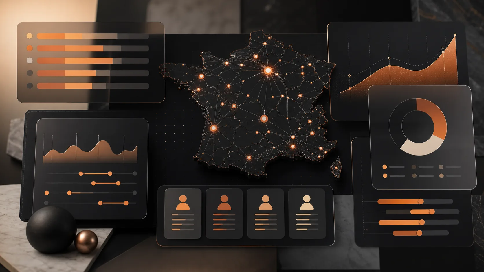 Un ingénieur IA analyse des données sur plusieurs écrans dans un bureau moderne