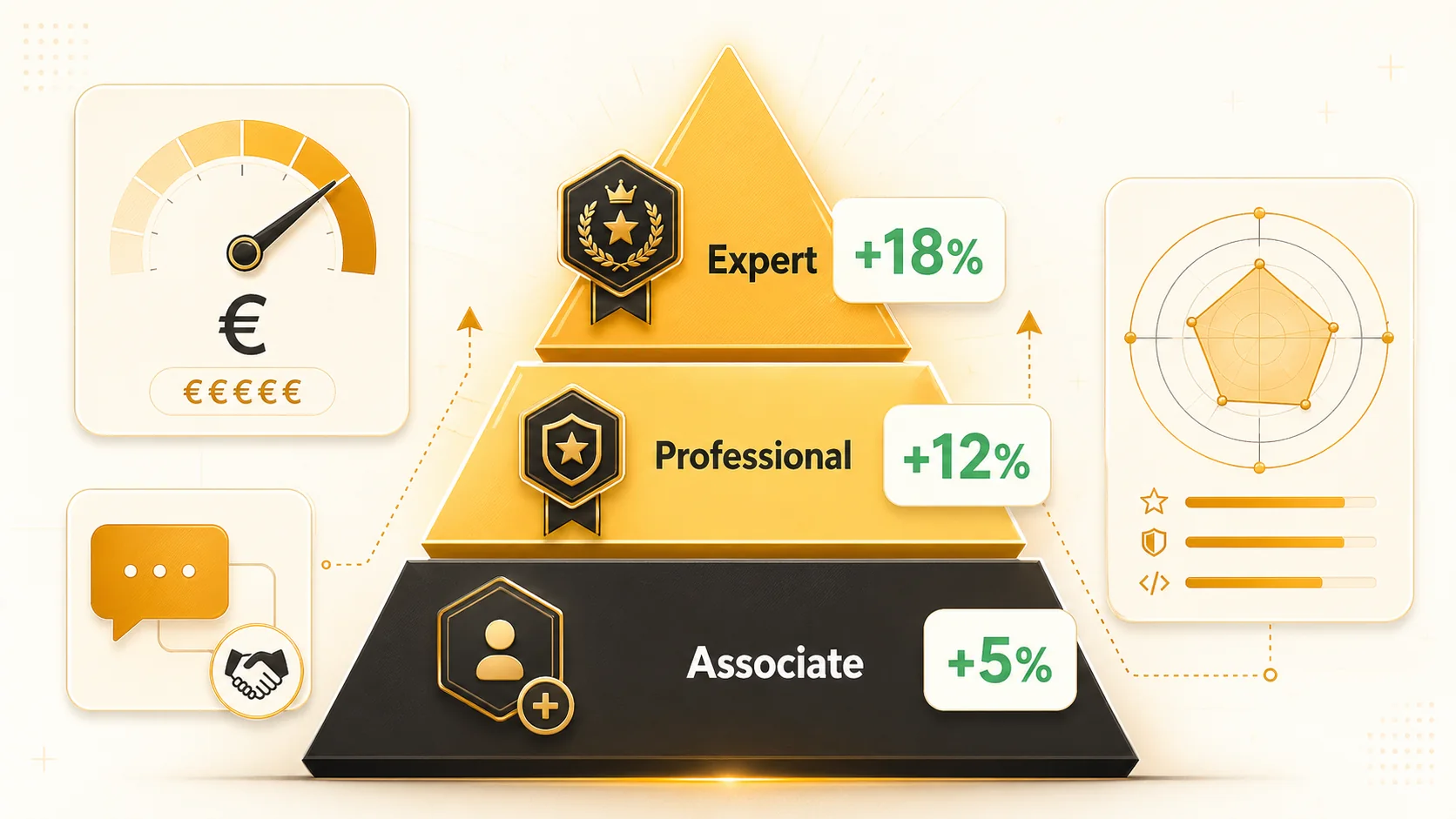 Pyramide des certifications montrant la progression de la valeur salariale de Associate à Professional et Specialty
