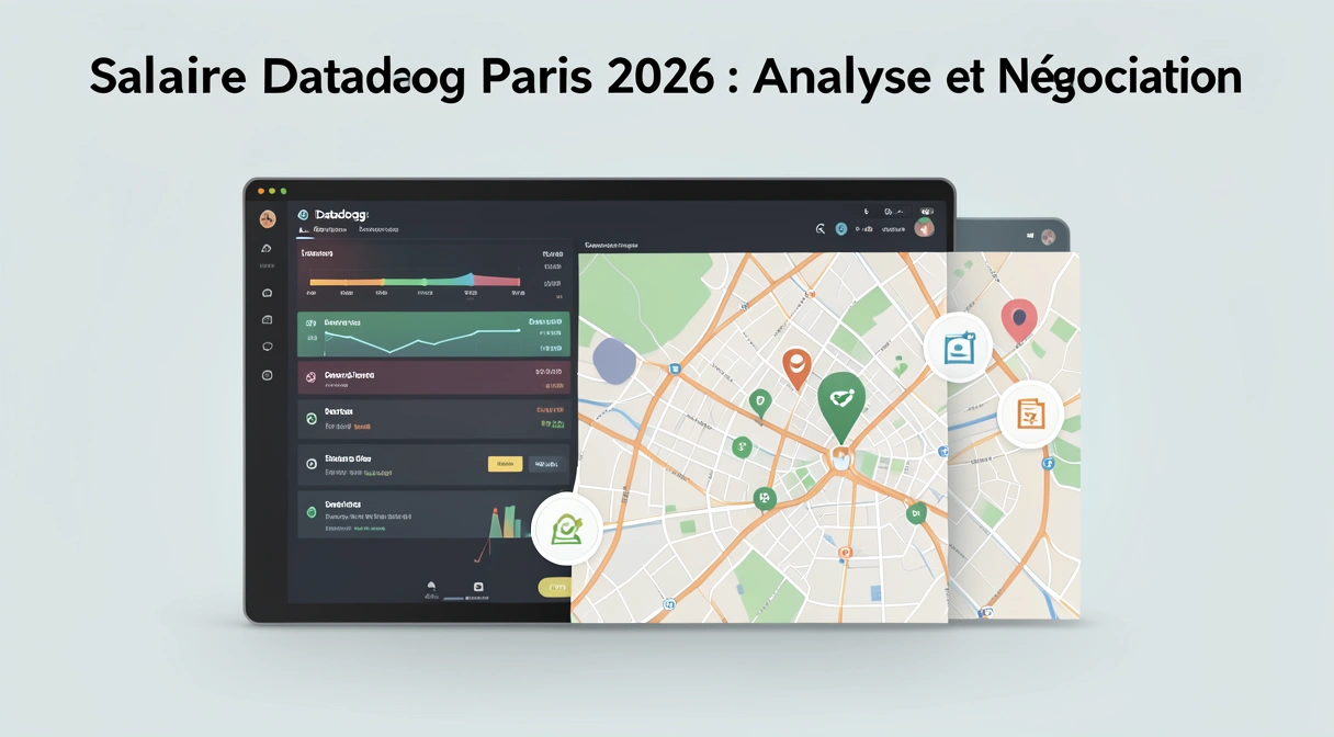 Illustration d'un tableau de bord Datadog avec des graphiques de performance et une carte de Paris en arrière-plan