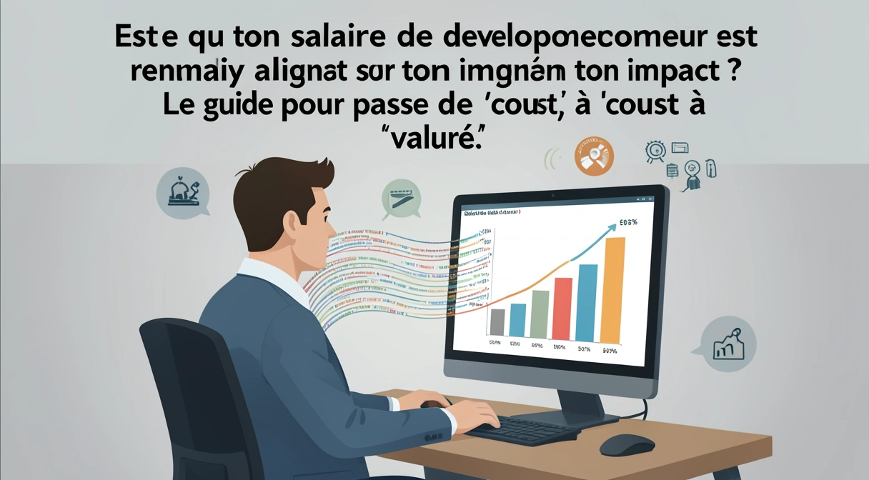 Illustration conceptuelle d'un développeur transformant des lignes de code en un graphique de croissance financière et des indicateurs de performance business